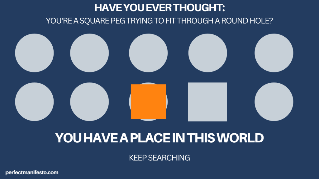 Image: shows a series of grey round holes with an orange square peg trying to fit through unsuccessfully.
Right next to the square peg is a grey round hole, which the peg will be able to fit through if it keeps attempting to fit somewhere.

Supporting image text:
"Have you ever thought: you're a square peg trying to fit through a round hole? You have a place in this world"